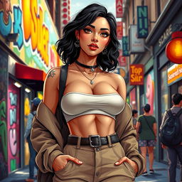 A detailed artistic representation of a flat chested figure, showcasing confidence and style