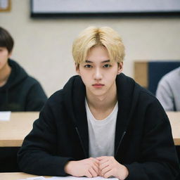 Hyunjin from Stray Kids sitting at a school desk in a classroom, with his blonde hair and wearing a black hoodie.