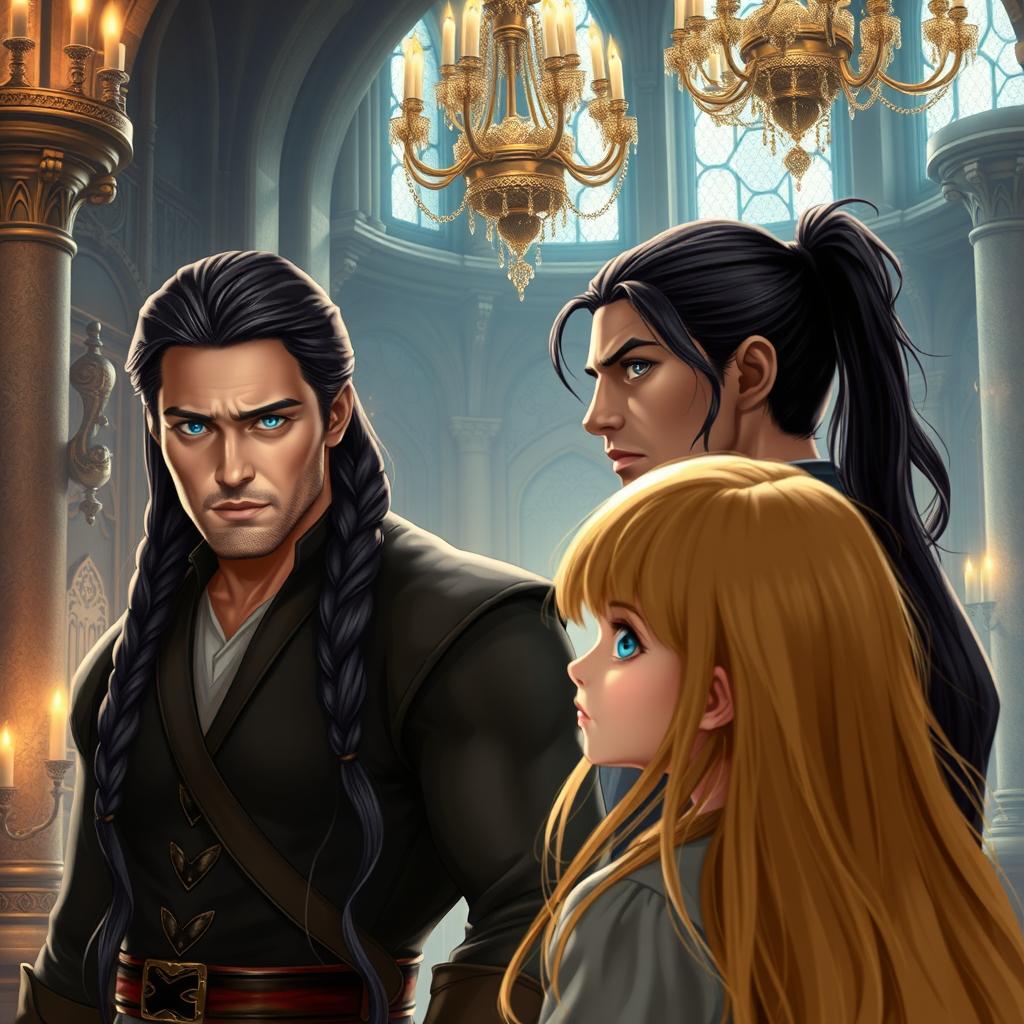 A powerful man with long dark hair styled in a braid and striking blue eyes stands confidently in a majestic castle interior