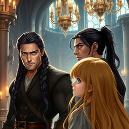 A powerful man with long dark hair styled in a braid and striking blue eyes stands confidently in a majestic castle interior