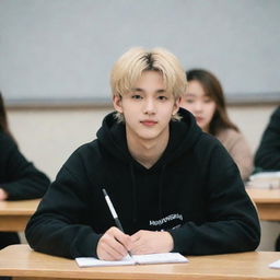 Hyunjin from Stray Kids sitting at a school desk in a classroom, with his blonde hair and wearing a black hoodie.