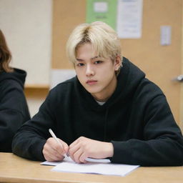 Hyunjin from Stray Kids sitting at a school desk in a classroom, with his blonde hair and wearing a black hoodie.