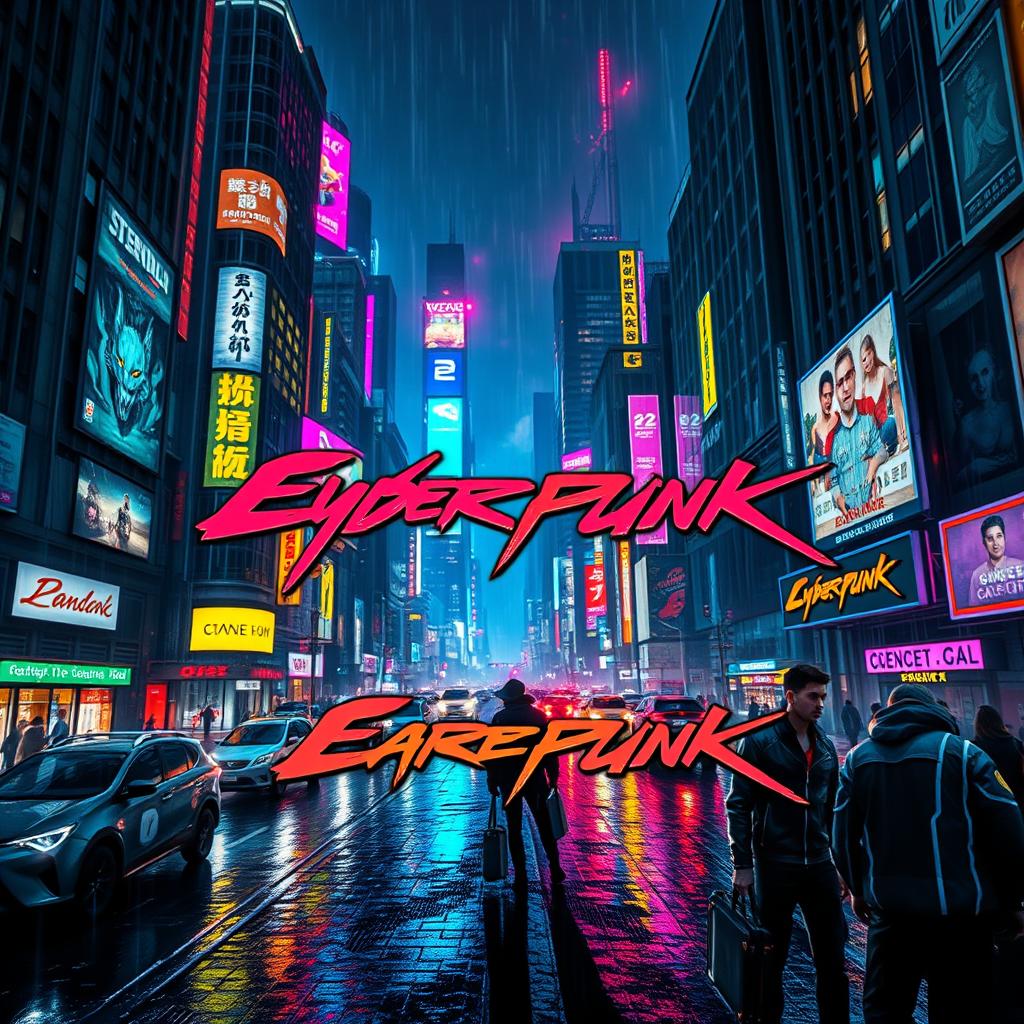 A vibrant and dynamic cyberpunk cityscape at night, filled with towering skyscrapers adorned with neon lights and billboards