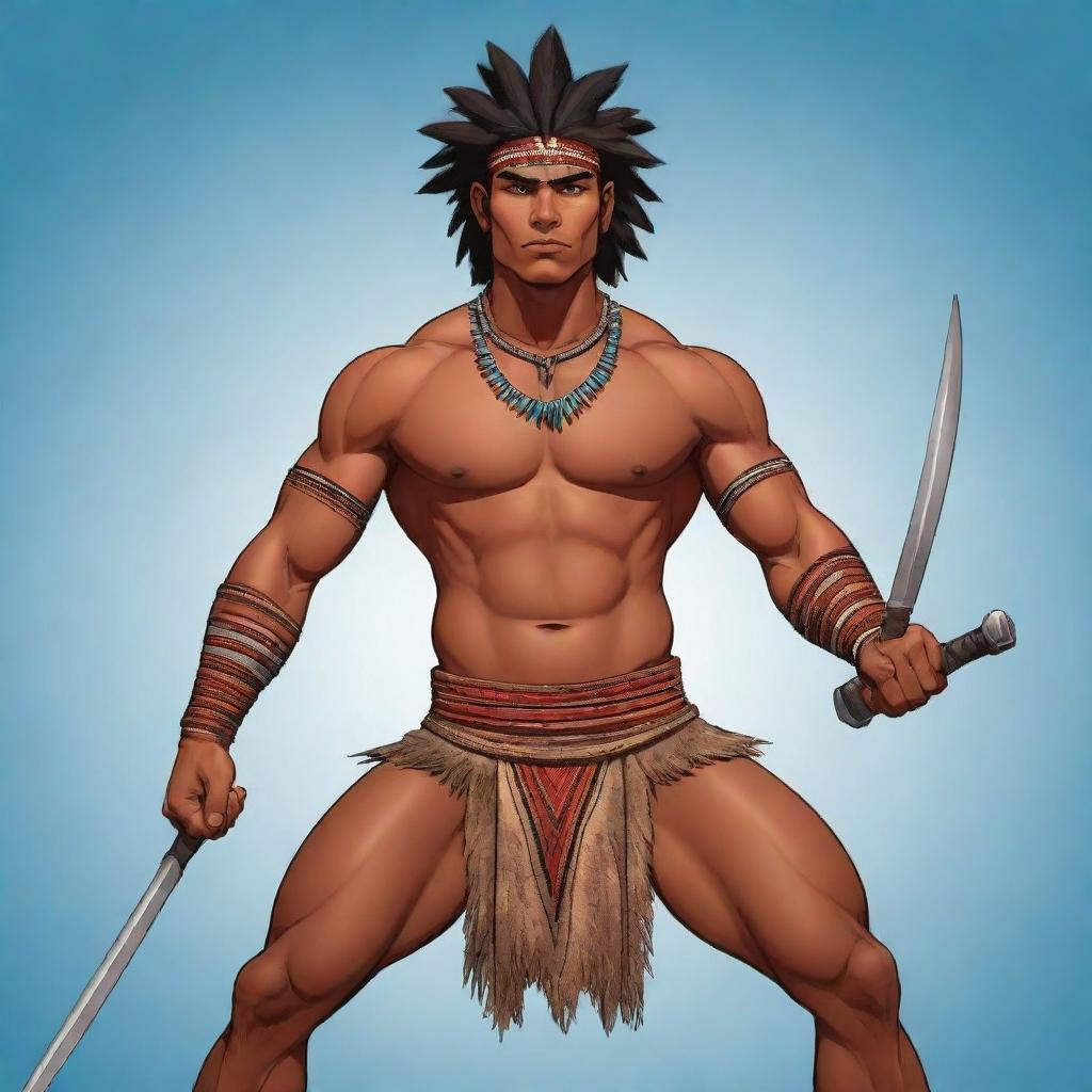 A vibrant, full-body cartoon of a robust young indigenous man (binata), armed with an imposing tribal sword. His physique is muscular, and he exudes confidence, reflecting the strength and valor of his culture.