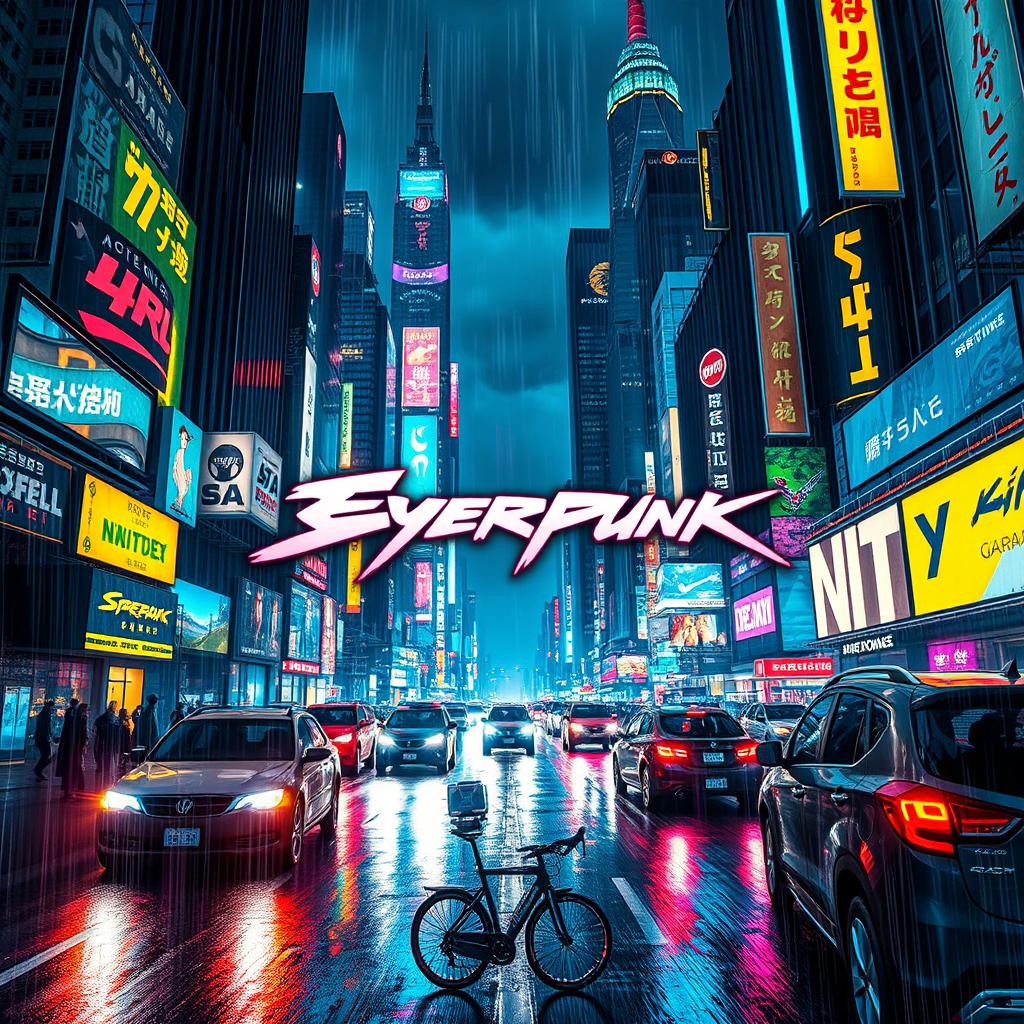 A vibrant and dynamic cyberpunk cityscape at night, filled with towering skyscrapers adorned with neon lights and billboards