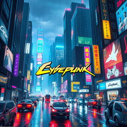 A vibrant and dynamic cyberpunk cityscape at night, filled with towering skyscrapers adorned with neon lights and billboards