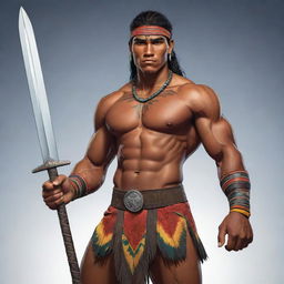 A vibrant, full-body cartoon of a robust young indigenous man (binata), armed with an imposing tribal sword. His physique is muscular, and he exudes confidence, reflecting the strength and valor of his culture.