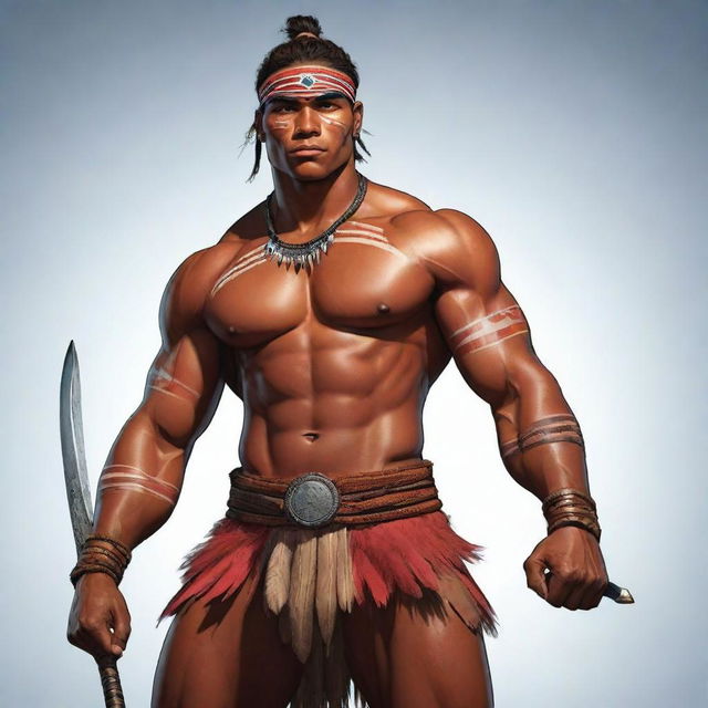 A vibrant, full-body cartoon of a robust young indigenous man (binata), armed with an imposing tribal sword. His physique is muscular, and he exudes confidence, reflecting the strength and valor of his culture.