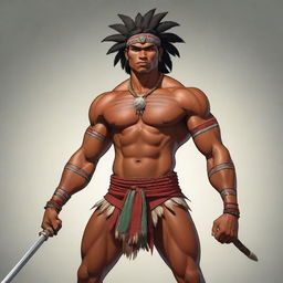 A vibrant, full-body cartoon of a robust young indigenous man (binata), armed with an imposing tribal sword. His physique is muscular, and he exudes confidence, reflecting the strength and valor of his culture.