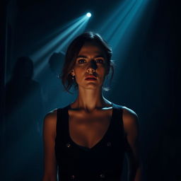 A suspenseful scene featuring a woman standing alone in a dimly lit room, her expression tense as she hears whispers from her past