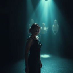 A suspenseful scene featuring a woman standing alone in a dimly lit room, her expression tense as she hears whispers from her past