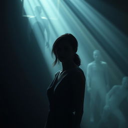 A suspenseful scene featuring a woman standing alone in a dimly lit room, her expression tense as she hears whispers from her past