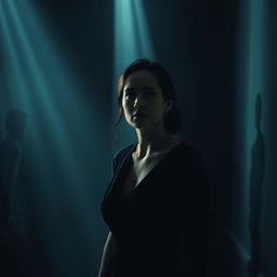 A suspenseful scene featuring a woman standing alone in a dimly lit room, her expression tense as she hears whispers from her past