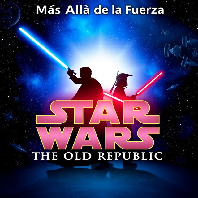 A captivating YouTube thumbnail for a podcast titled 'Más Allá de la Fuerza: Descubriendo The Old Republic'