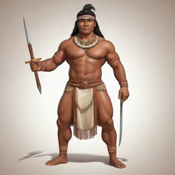 A lively, full-body cartoon of a handsome, robust indigenous man (binata). He carries a tribal sword and dresses in his culture's traditional attire. His stunning features and confident demeanor embody the pride of his people.