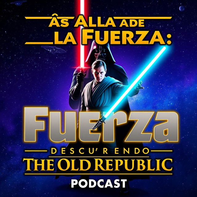 A striking YouTube thumbnail for a podcast titled 'Más Allá de la Fuerza: Descubriendo The Old Republic'