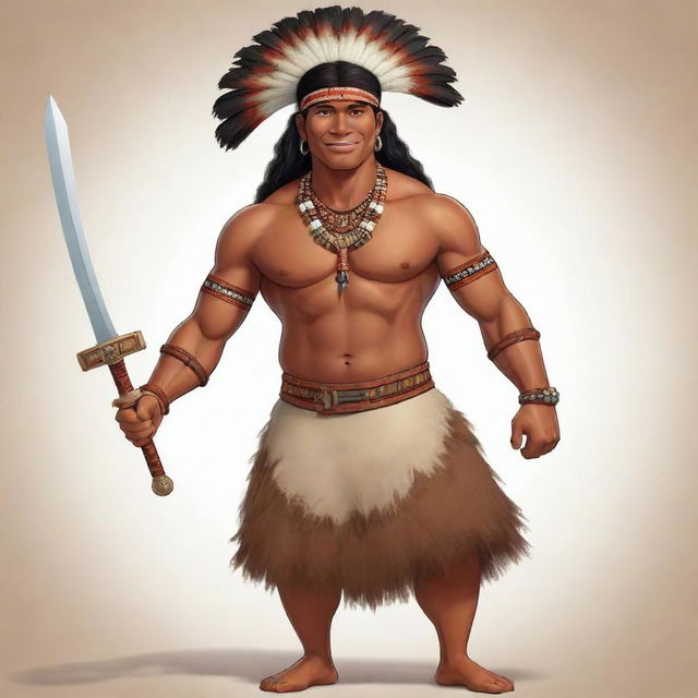 A lively, full-body cartoon of a handsome, robust indigenous man (binata). He carries a tribal sword and dresses in his culture's traditional attire. His stunning features and confident demeanor embody the pride of his people.