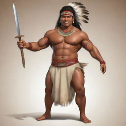 A lively, full-body cartoon of a handsome, robust indigenous man (binata). He carries a tribal sword and dresses in his culture's traditional attire. His stunning features and confident demeanor embody the pride of his people.