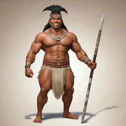 A lively, full-body cartoon of a handsome, robust indigenous man (binata). He carries a tribal sword and dresses in his culture's traditional attire. His stunning features and confident demeanor embody the pride of his people.