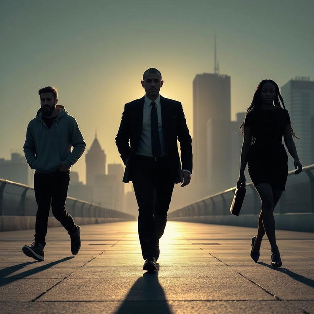 A silhouetted scene of three people walking towards the camera at sunrise, with a city skyline in the background