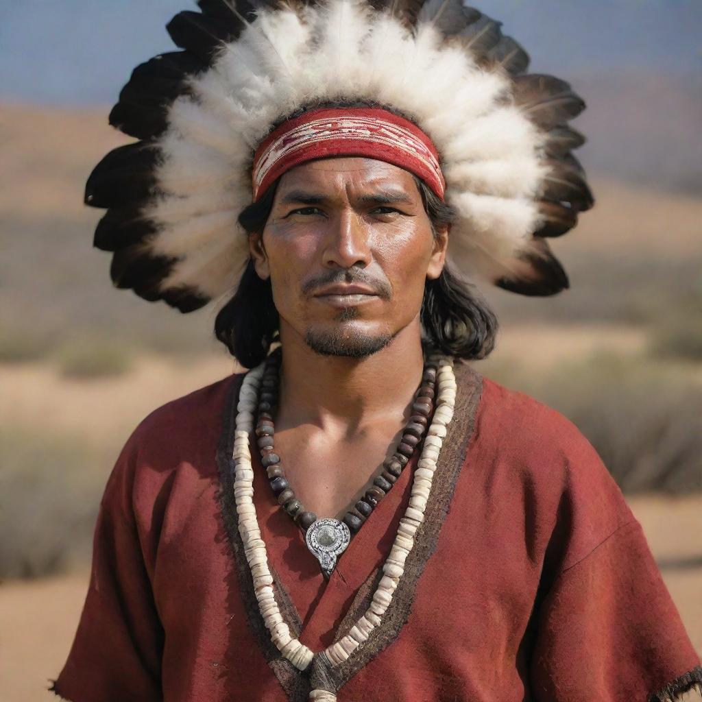 A heroic looking indigenous man, the protagonist of a tale perhaps. He stands tall with confidence and pride, with traditionally heroic features, dressed in full traditional garments, capturing the essence of his culture.