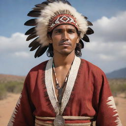 A heroic looking indigenous man, the protagonist of a tale perhaps. He stands tall with confidence and pride, with traditionally heroic features, dressed in full traditional garments, capturing the essence of his culture.