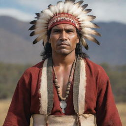 A heroic looking indigenous man, the protagonist of a tale perhaps. He stands tall with confidence and pride, with traditionally heroic features, dressed in full traditional garments, capturing the essence of his culture.