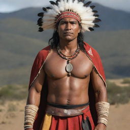 A heroic looking indigenous man, the protagonist of a tale perhaps. He stands tall with confidence and pride, with traditionally heroic features, dressed in full traditional garments, capturing the essence of his culture.