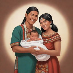 A heartwarming cartoon of an indigenous couple, lovingly holding their newborn baby. They are depicted in traditional attire, with radiant smiles illuminating the joy and love of this new family.