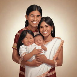 A heartwarming cartoon of an indigenous couple, lovingly holding their newborn baby. They are depicted in traditional attire, with radiant smiles illuminating the joy and love of this new family.