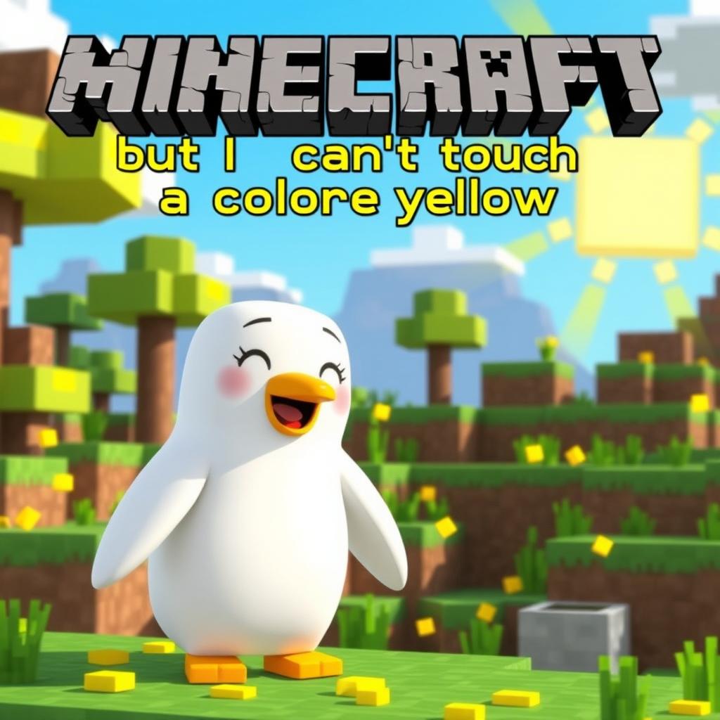 A vibrant and colorful animated thumbnail for a YouTube video titled 'Minecraft but I can't touch the color yellow'