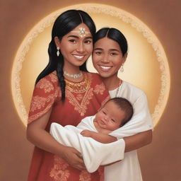 A heartwarming cartoon of an indigenous couple, lovingly holding their newborn baby. They are depicted in traditional attire, with radiant smiles illuminating the joy and love of this new family.