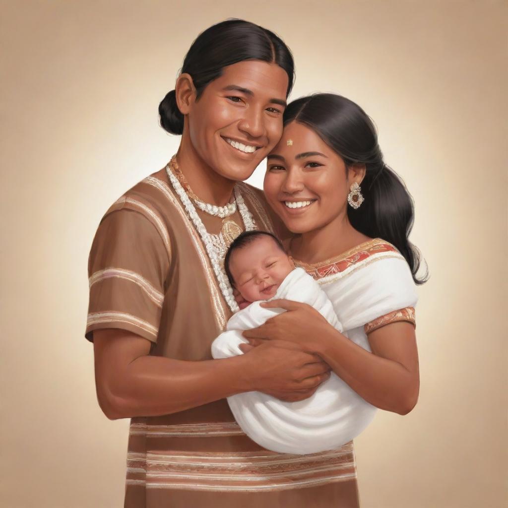 A heartwarming cartoon of an indigenous couple, lovingly holding their newborn baby. They are depicted in traditional attire, with radiant smiles illuminating the joy and love of this new family.