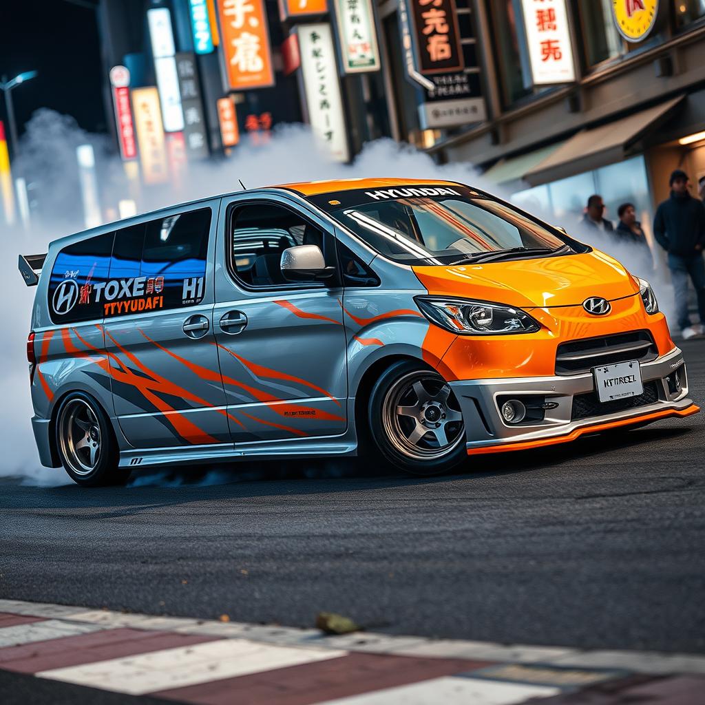 A dynamic presentation of a Hyundai H1 modified for Tokyo Drift, featuring a striking orange and silver gray color scheme