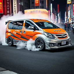 A dynamic presentation of a Hyundai H1 modified for Tokyo Drift, featuring a striking orange and silver gray color scheme