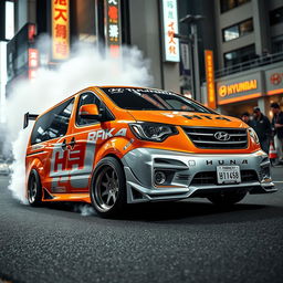 A dynamic presentation of a Hyundai H1 modified for Tokyo Drift, featuring a striking orange and silver gray color scheme