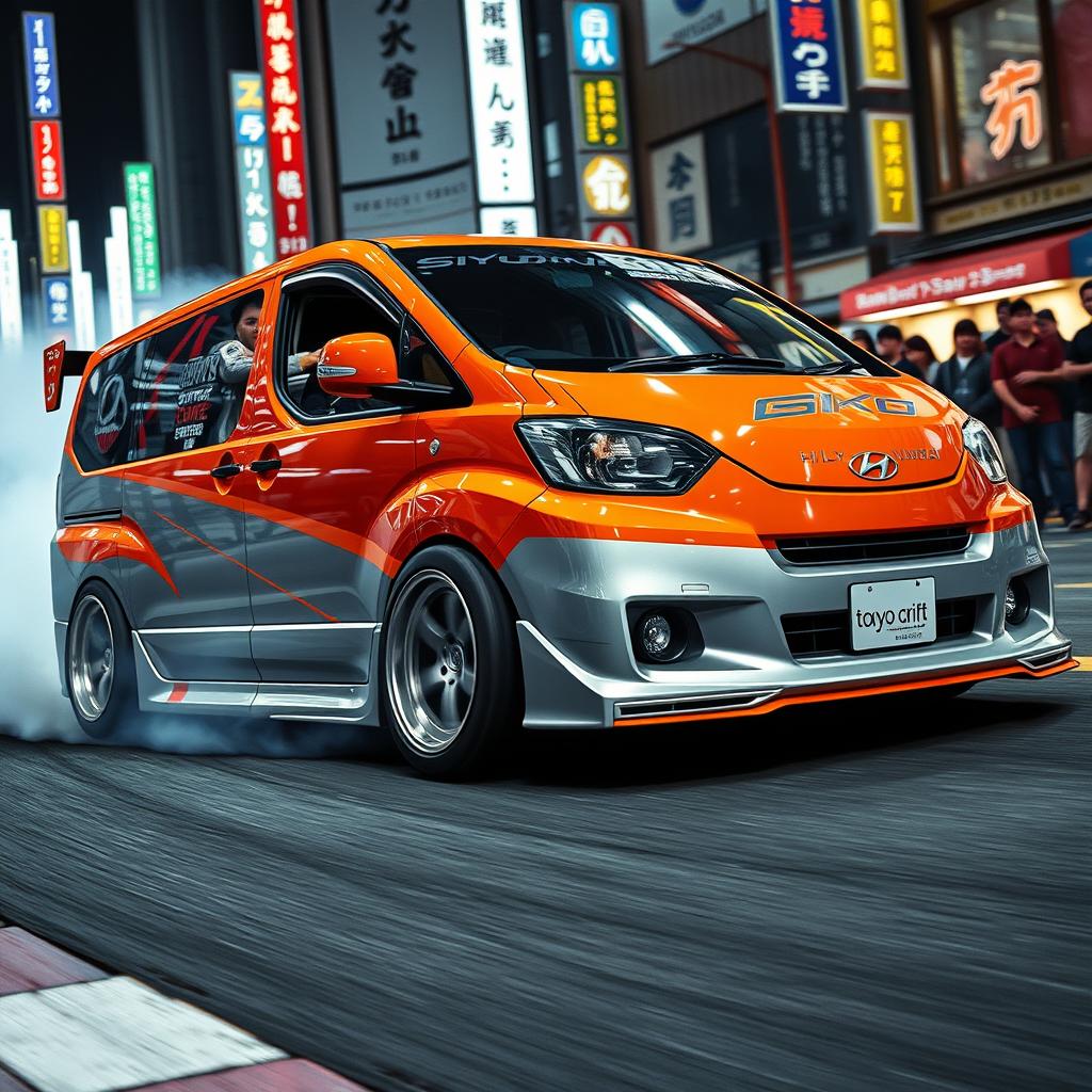 A dynamic presentation of a Hyundai H1 modified for Tokyo Drift, featuring a striking orange and silver gray color scheme