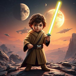 A fantastical scene inspired by the Star Wars universe, featuring a heroic character named Lucas Adriano, a 5-year-old boy dressed as a Jedi with a glowing lightsaber