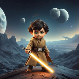 A fantastical scene inspired by the Star Wars universe, featuring a heroic character named Lucas Adriano, a 5-year-old boy dressed as a Jedi with a glowing lightsaber