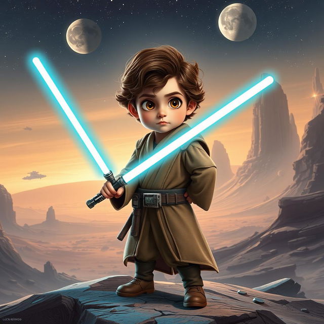 A fantastical scene inspired by the Star Wars universe, featuring a heroic character named Lucas Adriano, a 5-year-old boy dressed as a Jedi with a glowing lightsaber