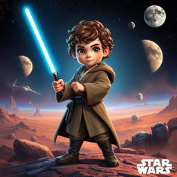 A fantastical scene inspired by the Star Wars universe, featuring a heroic character named Lucas Adriano, a 5-year-old boy dressed as a Jedi with a glowing lightsaber