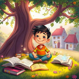 A whimsical book cover illustration for a children's story featuring a 13-year-old boy named João