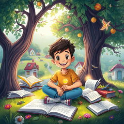 A whimsical book cover illustration for a children's story featuring a 13-year-old boy named João