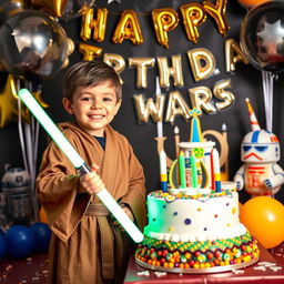 A vibrant birthday celebration scene inspired by the Star Wars universe, featuring a joyful 5-year-old child dressed as a Jedi, surrounded by Star Wars-themed decorations