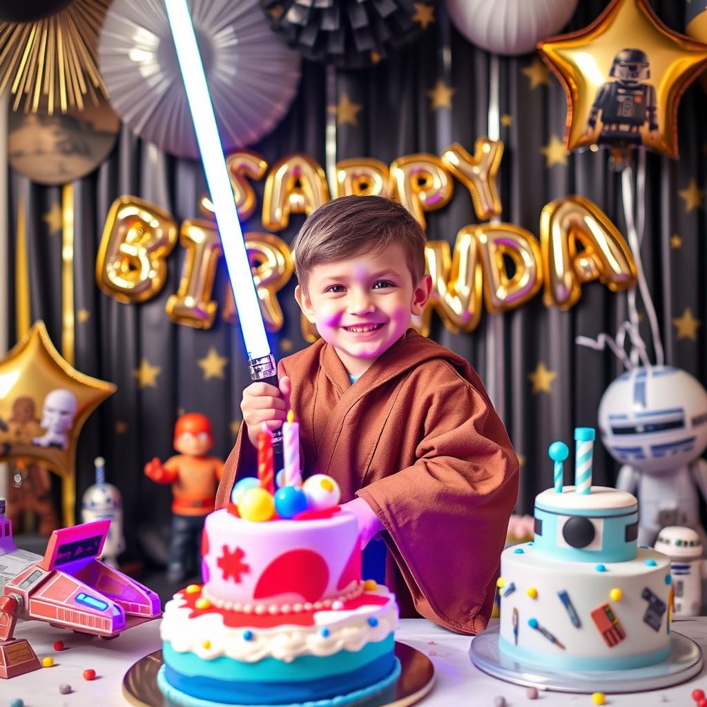 A vibrant birthday celebration scene inspired by the Star Wars universe, featuring a joyful 5-year-old child dressed as a Jedi, surrounded by Star Wars-themed decorations