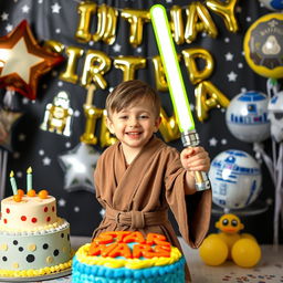 A vibrant birthday celebration scene inspired by the Star Wars universe, featuring a joyful 5-year-old child dressed as a Jedi, surrounded by Star Wars-themed decorations