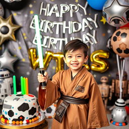 A vibrant birthday celebration scene inspired by the Star Wars universe, featuring a joyful 5-year-old child dressed as a Jedi, surrounded by Star Wars-themed decorations