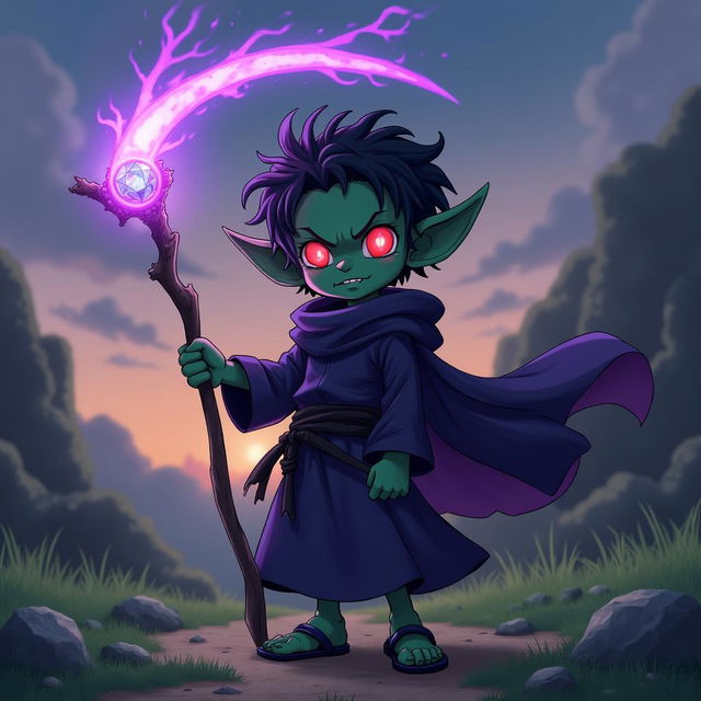 An anime-style illustration inspired by One Piece, showcasing a small dark green-skinned goblin character