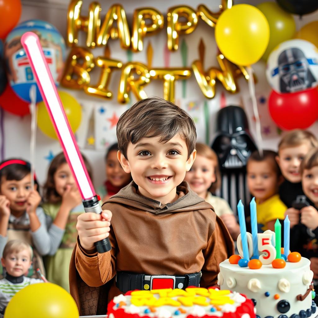 A joyful 5-year-old boy with brown eyes, celebrating his Star Wars-themed birthday party