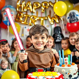 A joyful 5-year-old boy with brown eyes, celebrating his Star Wars-themed birthday party